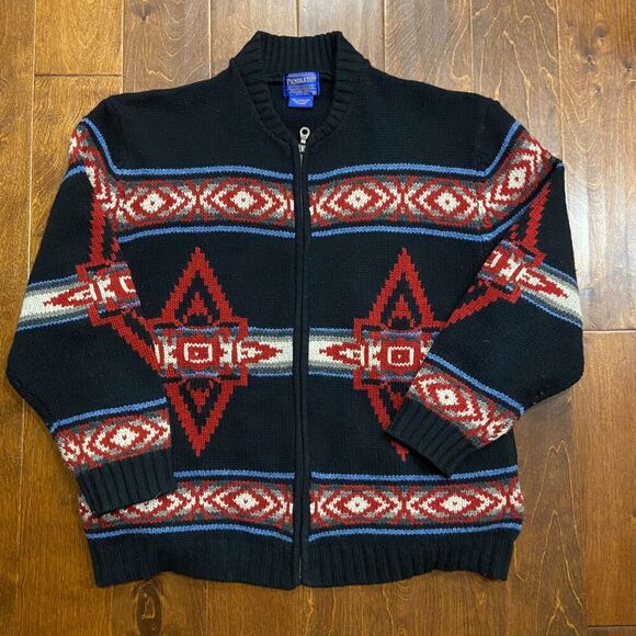 Pendleton Vintage Wool Knit Aztec Southwestern Zip Up Sweater Black Red Men's XL - Picture 3 of 9